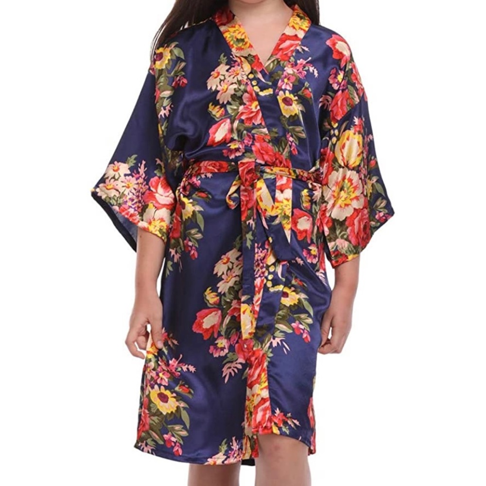 Girls Floral Satin Navy Blue Robe
